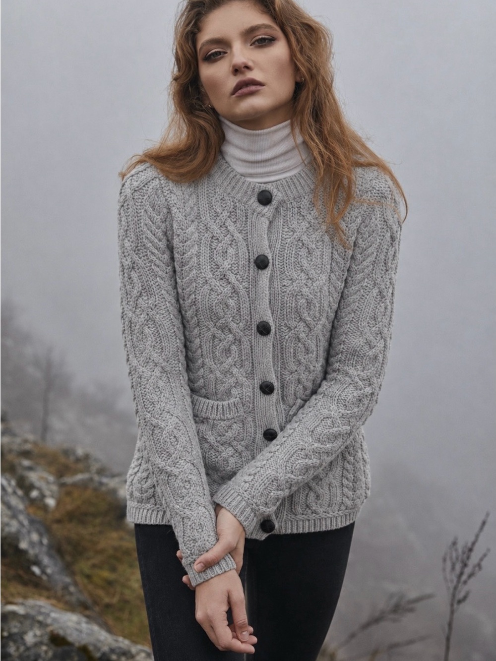 Saol Irish Wool Cable Knit Cardigan Sweater Grey XS Aran Angler Fisherman Coast